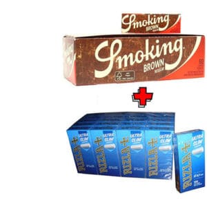 SMOKING BROWN ARROTOLARE CARTINE CARTINA CORTA 1 SCATOLA 50 CONFEZIONI TOTALE 3000 FOGLIE E RIZLA ULTRA SLIM 5.7mm 1 SCATOLA 20 CONFEZIONI TOTALE 2400 FILTRI