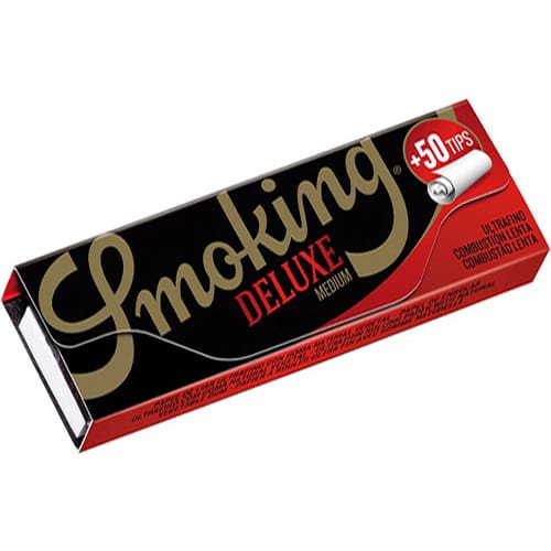 SMOKING DELUXE MEDIUM 1 1/4 ROLLING PAPERS 50 SHEETS + 50 PAPERS FILTERS TIPS WITH 6 PERFORATIONS PER PACK SUPER THIN CONNOISSEUR ONLY PACK NO BOX