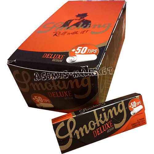 SMOKING DELUXE MEDIUM 1 1/4 ROLLING PAPERS 50 SHEETS + 50 PAPERS FILTERS TIPS WITH 6 PERFORATIONS PER PACK SUPER THIN CONNOISSEUR FULL BOX 24 PACKS