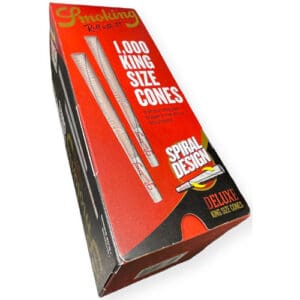 SMOKING DELUXE 1000 KING SIZE CONES SPIRAL DESIGN ULTRATHIN SLOW BURNING IMBALLAGGIO ECONOMICO SCATOLA COMPLETA 1000 PRE ROLLED CONI