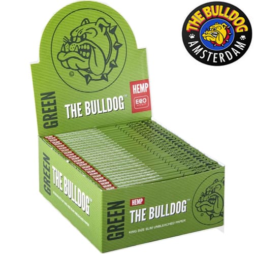 CARTINE THE BULLDOG AMSTERDAM KING SIZE SLIM LUNGHE HEMP GREEN ECO 100% FIBRE DI CANAPA BIOLOGICA CERTIFICATA NON SBIANCATE UNBLEACHED SOTTILI 14 G/M² 33 FOGLIE PER CONFEZIONE SCATOLA COMPLETA 50 PEZZI