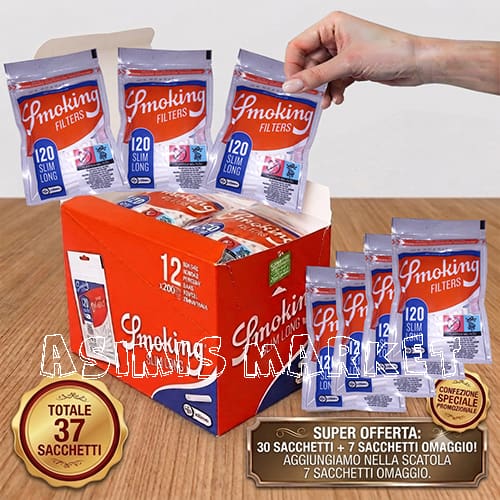 FILTRI SMOKING 120 SLIM LONG 22MM MOLTO LUNGO FILTRI SLIM 6MM MIGLIOR FILTRAGGIO RISPARMIO TABACCO 120 FILTRI PER CONFEZIONE SCATOLA DA 30 CONFEZIONI + 7 REGALO TOTALE 37 CONFEZIONI