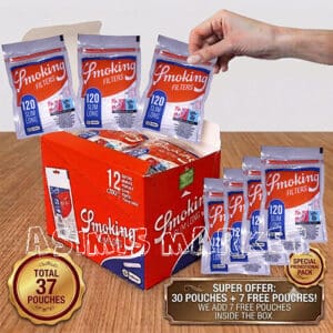 FILTERS SMOKING 120 SLIM LONG 22MM VERY LONG FILTER SLIM 6MM BETTER FILTRATION SAVE TOBACCO 120 FILTERS PER PACK BOX 30 PACKS + 7 GIFT TOTAL 37 PACKS