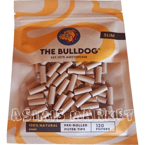 THE BULLDOG AMSTERDAM 120 PAPERS FILTERS PRE ROLLED 100% NATURAL SLIM 6MM LONG 19MM SAVE TOBACCO 120 TIPS PER PACK PRICE PER PACK