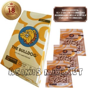 THE BULLDOG AMSTERDAM 120 FILTRI DI CARTA PRE ARROTOLATI 100% NATURALI SLIM 6MM LUNGHEZZA 19 MM RISPARMIO TABACCO 120 TIPS PER CONFEZIONE SCATOLA DA 15 CONFEZIONI + 3 REGALO TOTALE 18 CONFEZIONI