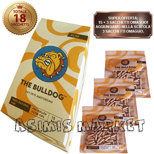 THE BULLDOG AMSTERDAM 120 FILTRI DI CARTA PRE ARROTOLATI 100% NATURALI SLIM 6MM LUNGHEZZA 19 MM RISPARMIO TABACCO 120 TIPS PER CONFEZIONE SCATOLA DA 15 CONFEZIONI + 3 REGALO TOTALE 18 CONFEZIONI