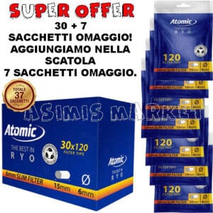 ATOMIC FILTRI THE BEST IN RYO SLIM 6 mm 120 FILTRI PER ROLLARE IMBALLAGGIO ECONOMICO SCATOLA DA 30 CONFEZIONI + 7 REGALO TOTALE 37 CONFEZIONI