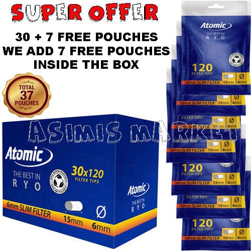 ATOMIC FILTERS THE BEST IN RYO SLIM 6 mm 120 FILTERS ECONOMIC PACKAGING BOX 30 PACKS + 7 GIFT TOTAL 37 PACKS