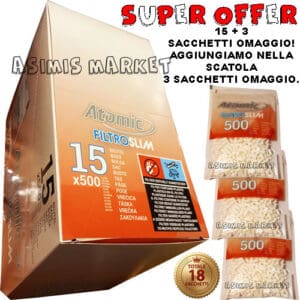 ATOMIC FILTRO SLIM 6 mm 500 FILTRI PER ROLLARE IMBALLAGGIO ECONOMICO SCATOLA DA 15 CONFEZIONI + 3 REGALO TOTALE 18 CONFEZIONI