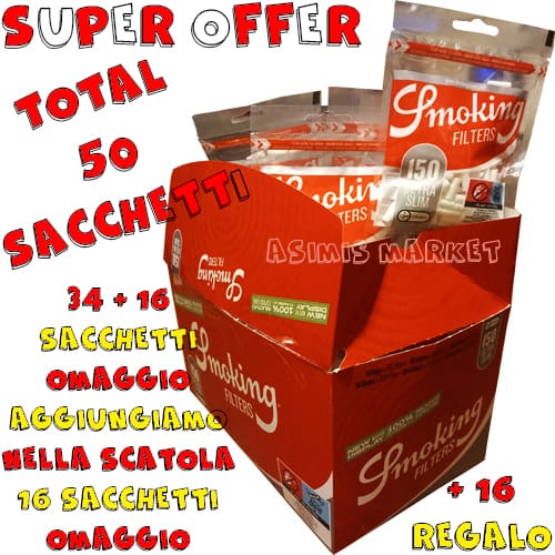 FILTRI SMOKING 150 ULTRA SLIM 5.3 ΜΜ IL FILTRO PIÙ SOTTILE LA SIGARETTA PIÙ SOTTILE RISPARMIO TABACCO 150 FILTRI PER CONFEZIONE SCATOLA DA 34 CONFEZIONI + 16 REGALO TOTALE 50 CONFEZIONI