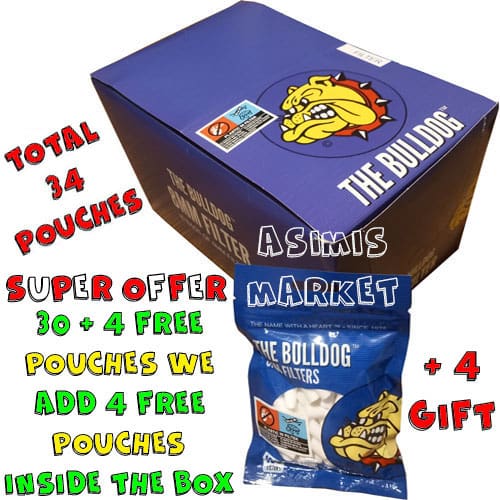 THE BULLDOG AMSTERDAM 8 MM REGULAR KING SIZE FILTERS 100 THICK FILTERS PER PACK ECONOMIC PACKAGING BOX 30 PACKS + 4 GIFT TOTAL 34 PACKS