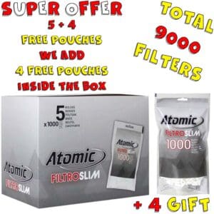 ATOMIC FILTRO SLIM 6 mm 1000 FILTERS PER PACK ECONOMIC PACKAGING BOX 5 PIECES + 4 GIFT TOTAL 9 PIECES=9000 FILTERS