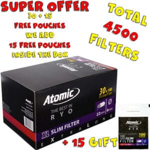 FILTERS ATOMIC THE BEST IN R Y O XL SLIM EXTRA LONG 22MM BETTER FILTRATION SAVE TOBACCO 100 FILTERS THICKNESS SLIM 6MM PER PACK ECONOMIC PACKAGING BOX 30 PIECES + 15 GIFT TOTAL 45 PIECES=4500 FILTERS