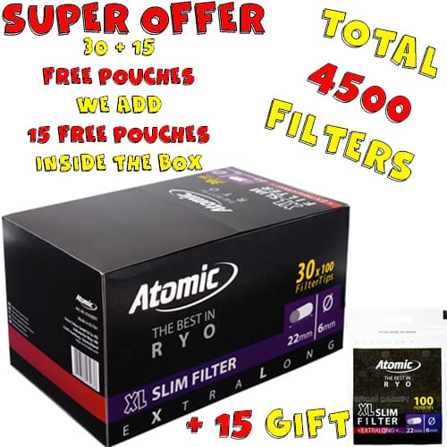 FILTERS ATOMIC THE BEST IN R Y O XL SLIM EXTRA LONG 22MM BETTER FILTRATION SAVE TOBACCO 100 FILTERS THICKNESS SLIM 6MM PER PACK ECONOMIC PACKAGING BOX 30 PIECES + 15 GIFT TOTAL 45 PIECES=4500 FILTERS