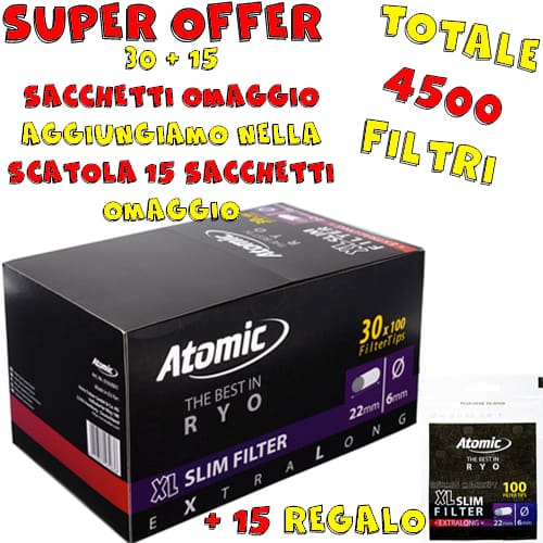 FILTRI ATOMIC THE BEST IN R Y O XL SLIM EXTRA LUNGO 22MM MIGLIOR FILTRAGGIO RISPARMIO TABACCO SPESSORE SLIM 6MM 100 FILTRI PER CONFEZIONE IMBALLAGGIO ECONOMICO SCATOLA DA 30 PEZZI + 15 OMAGGI TOTALE 45 PEZZI = 4500 FILTRI