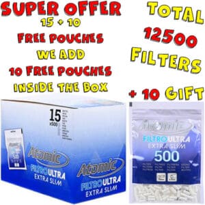 ATOMIC FILTROULTRA EXTRA SLIM 500 5.7 mm 500 FILTERS PER PACK ECONOMIC PACKAGING BOX 15 PIECES + 10 GIFT TOTAL 25 PIECES=12500 FILTERS