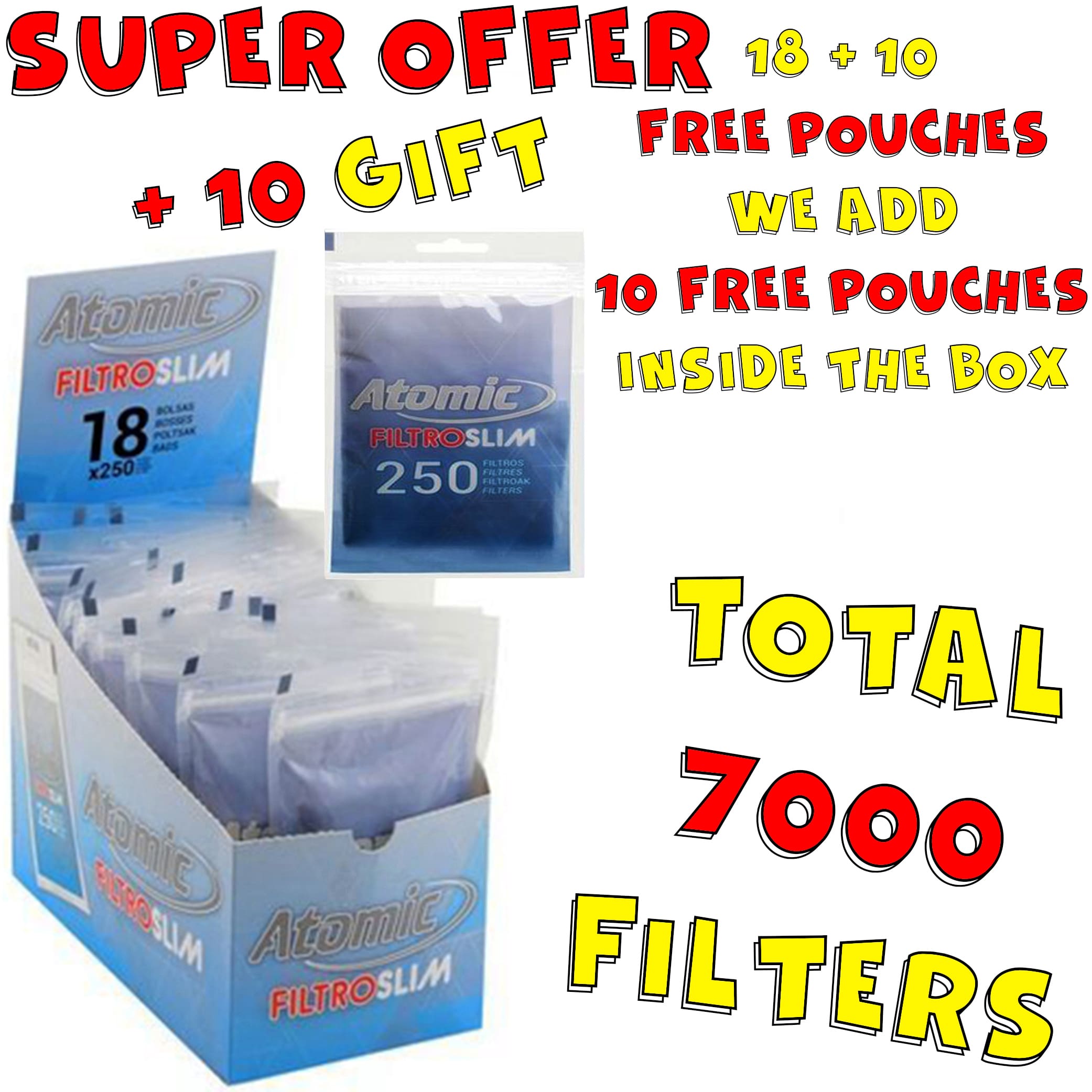ATOMIC FILTRO SLIM 6 mm 250 FILTERS PER PACK ECONOMIC PACKAGING BOX 18 PIECES + 10 GIFT TOTAL 28 PIECES=7000 FILTERS