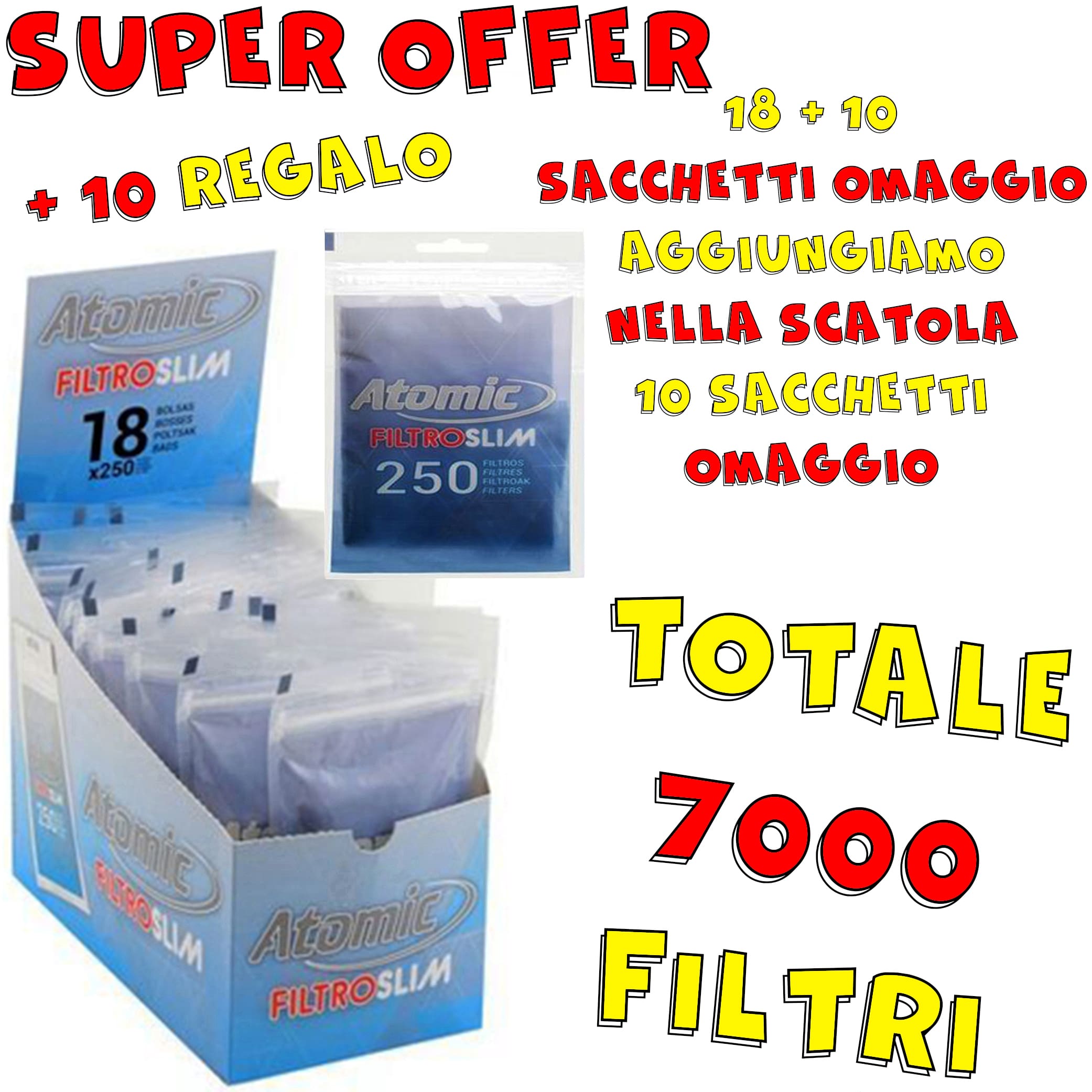 ATOMIC FILTRO SLIM 6 mm 250 FILTRI PER CONFEZIONE IMBALLAGGIO ECONOMICO SCATOLA DA 18 PEZZI + 10 OMAGGI TOTALE 28 PEZZI = 7000 FILTRI