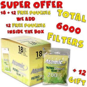 ATOMIC FILTRO ORGANIC SLIM BIO 200 PAPER FILTERS PER PACK THICKNESS SLIM 6MM ECONOMIC PACKAGING BOX 18 PIECES + 12 GIFT TOTAL 30 PIECES=6000 FILTERS